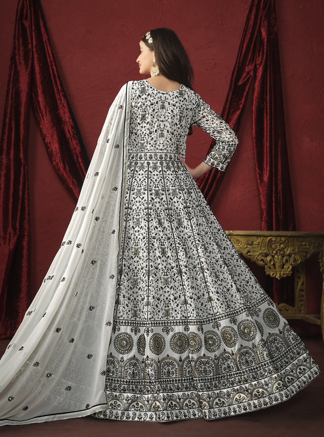 White Faux Georgette Embroidered Designer Anarkali Suit