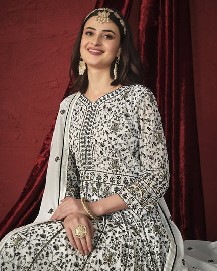 White Faux Georgette Embroidered Designer Anarkali Suit