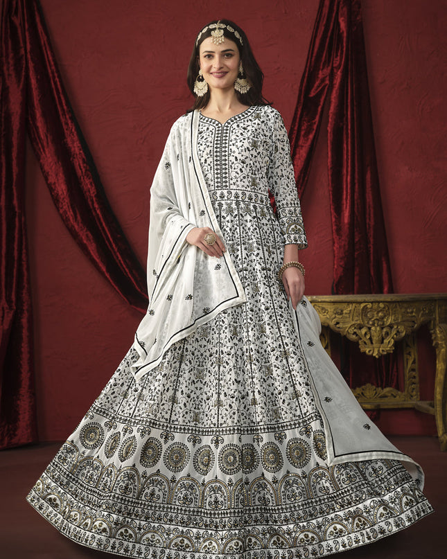 White Faux Georgette Embroidered Designer Anarkali Suit