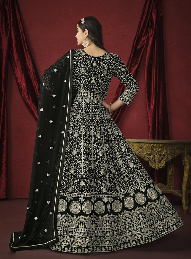 Black Faux Georgette Embroidered Designer Anarkali Suit