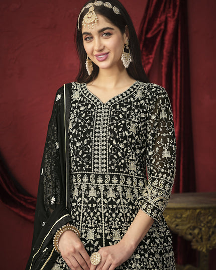 Black Faux Georgette Embroidered Designer Anarkali Suit