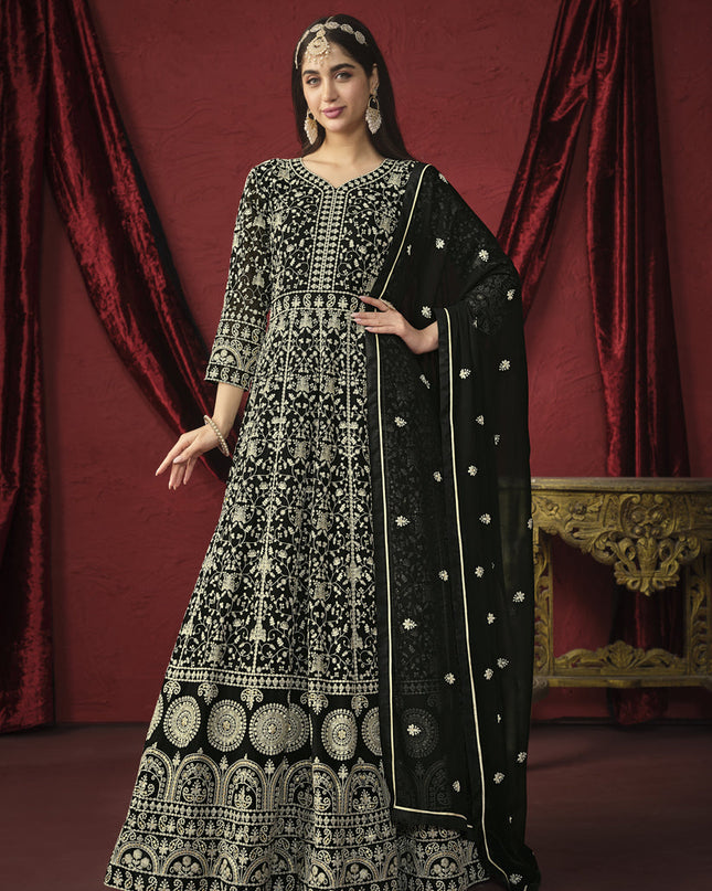 Black Faux Georgette Embroidered Designer Anarkali Suit