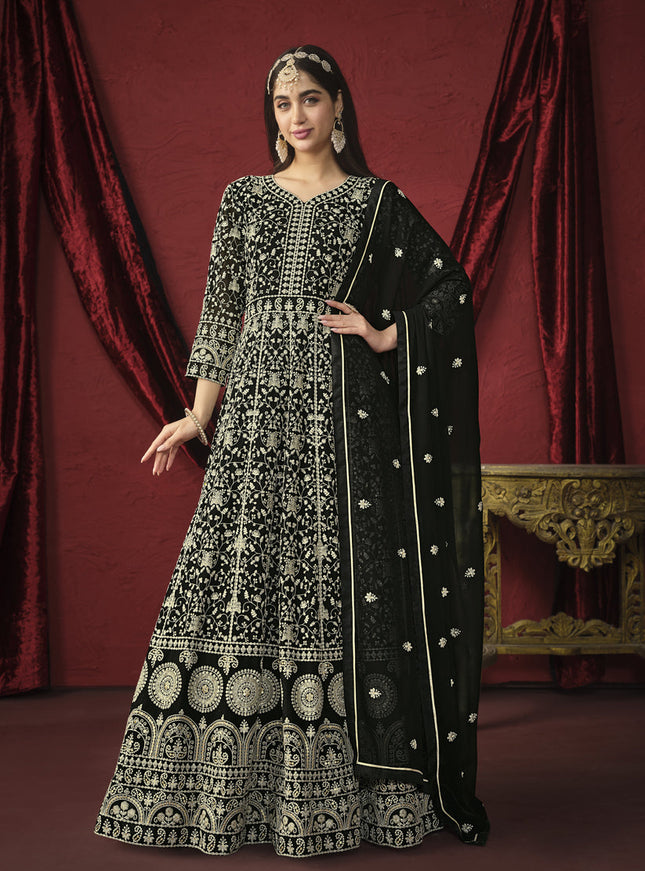 Black Faux Georgette Embroidered Designer Anarkali Suit