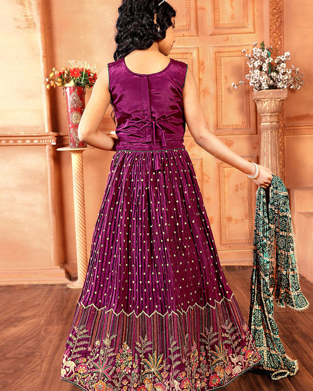 Wine Chinnon Embroidered Kids Girl Lehenga Choli