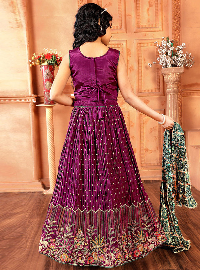 Wine Chinnon Embroidered Kids Girl Lehenga Choli