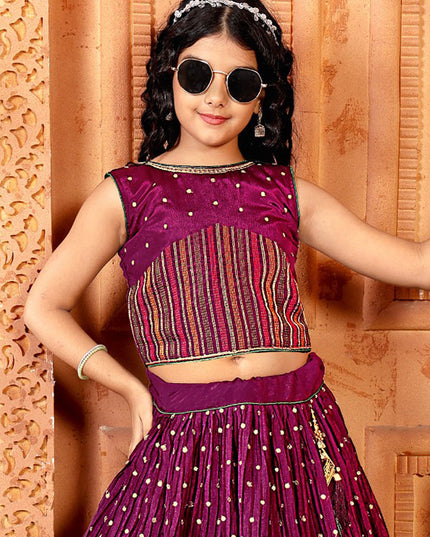 Wine Chinnon Embroidered Kids Girl Lehenga Choli