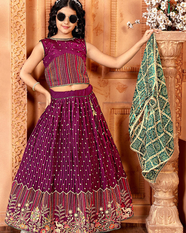 Wine Chinnon Embroidered Kids Girl Lehenga Choli
