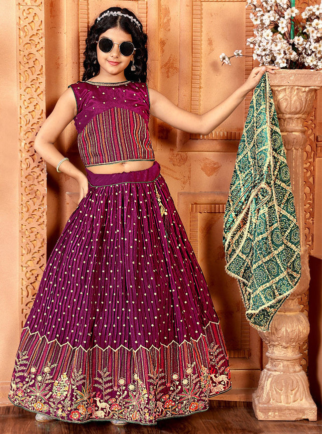 Wine Chinnon Embroidered Kids Girl Lehenga Choli