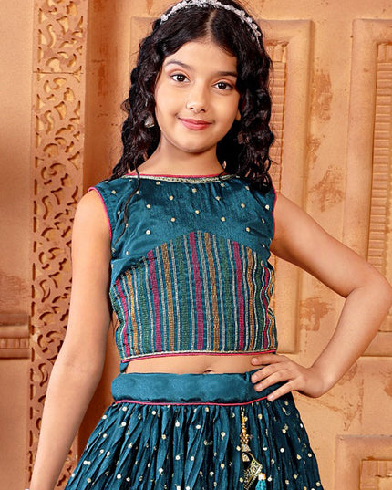 Peacock Blue Chinnon Embroidered Kids Girl Lehenga Choli