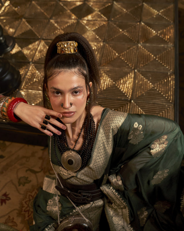 Pine Green Faux Georgette Handloom Weaving Saree