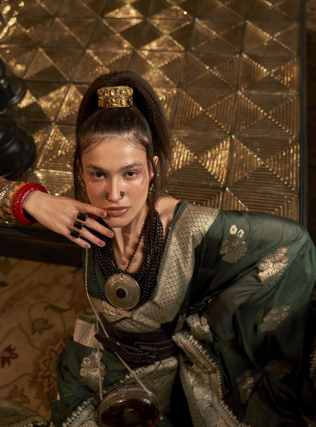 Pine Green Faux Georgette Handloom Weaving Saree