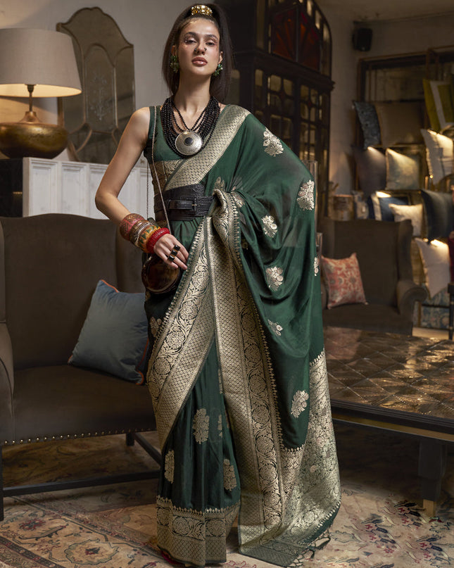 Pine Green Faux Georgette Handloom Weaving Saree