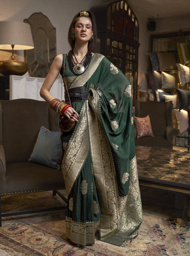 Pine Green Faux Georgette Handloom Weaving Saree