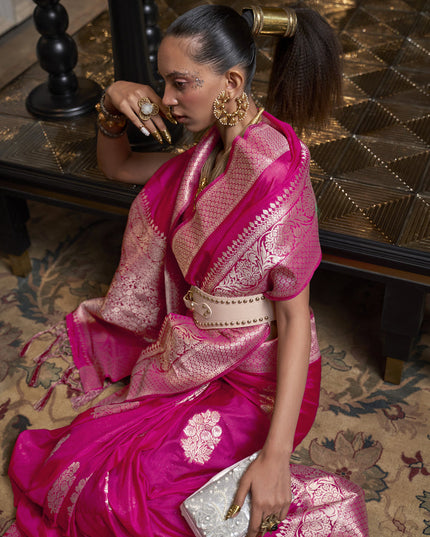 Rani Pink Faux Georgette Handloom Weaving Saree