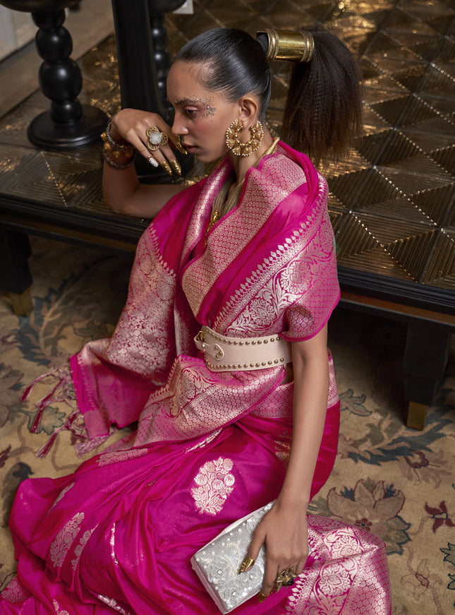 Rani Pink Faux Georgette Handloom Weaving Saree