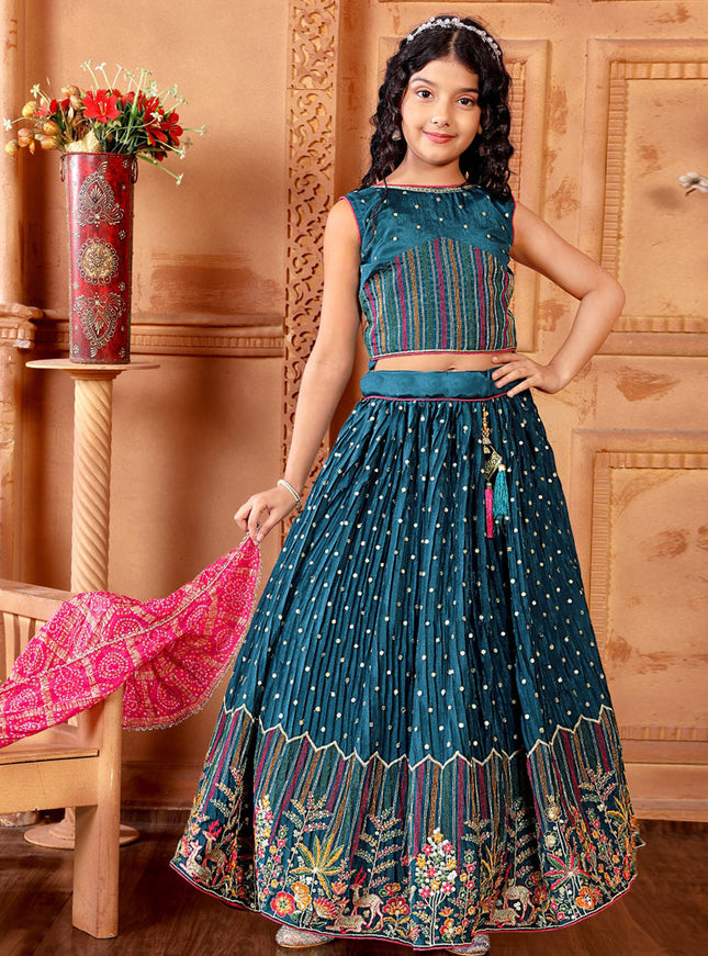 Peacock Blue Chinnon Embroidered Kids Girl Lehenga Choli