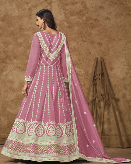 carnation pink dola silk embroidered gown with dupatta