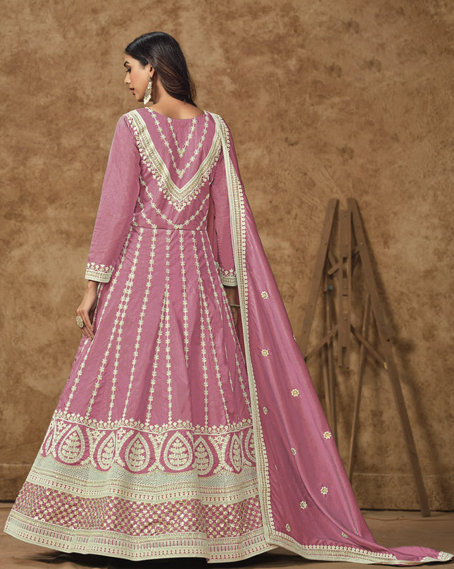 carnation pink dola silk embroidered gown with dupatta