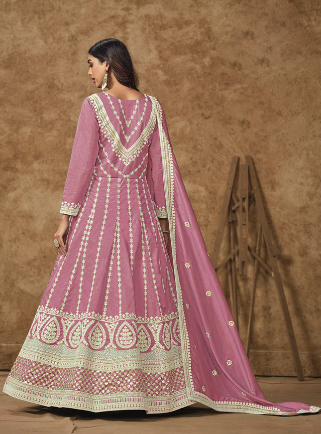 carnation pink dola silk embroidered gown with dupatta