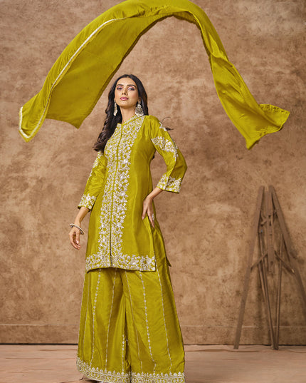 chartreuse green chinnon silk embroidered palazzo kameez