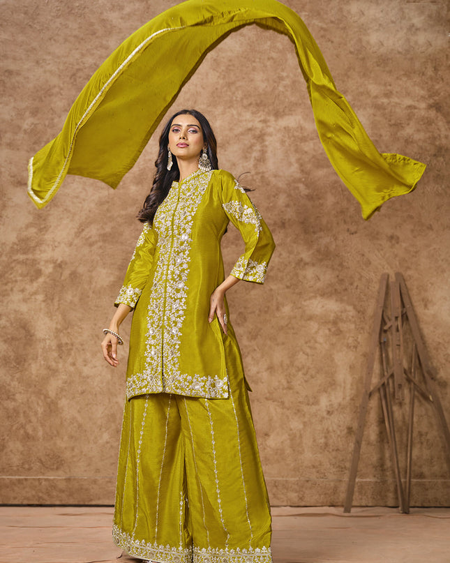 chartreuse green chinnon silk embroidered palazzo kameez