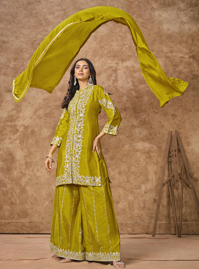 chartreuse green chinnon silk embroidered palazzo kameez