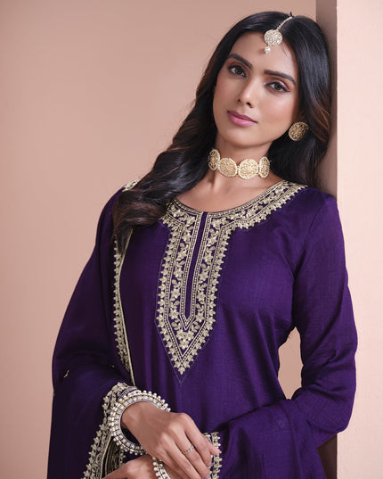 violet art silk embroidered palazzo kameez