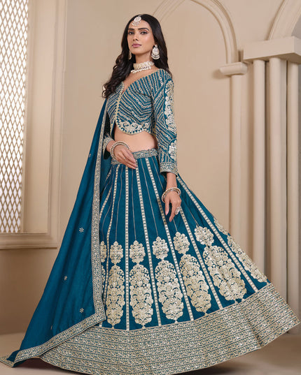 peacock blue shimmer art silk embroidered lehenga choli