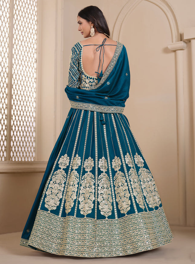 peacock blue shimmer art silk embroidered lehenga choli