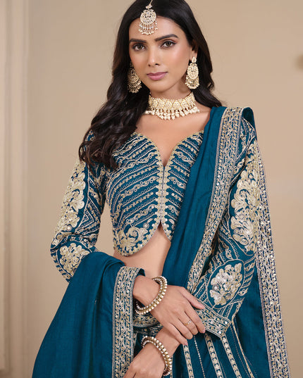 peacock blue shimmer art silk embroidered lehenga choli