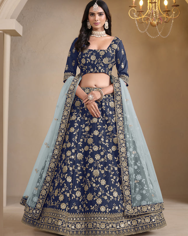 navy blue art silk embroidered lehenga choli