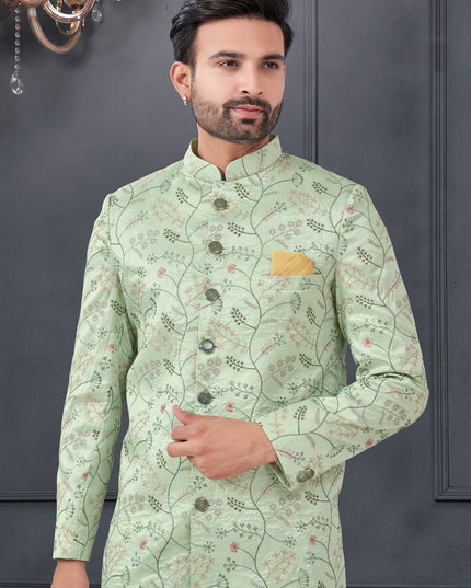 Pastel Green Pure Silk Embroidered Mens IndoWestern