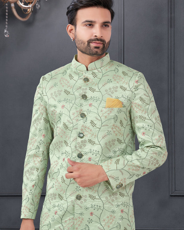Pastel Green Pure Silk Embroidered Mens IndoWestern
