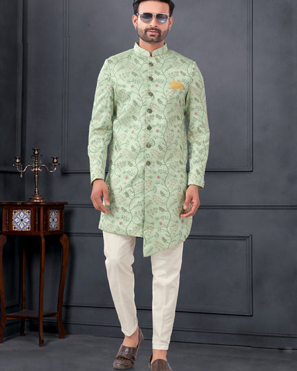 Pastel Green Pure Silk Embroidered Mens IndoWestern