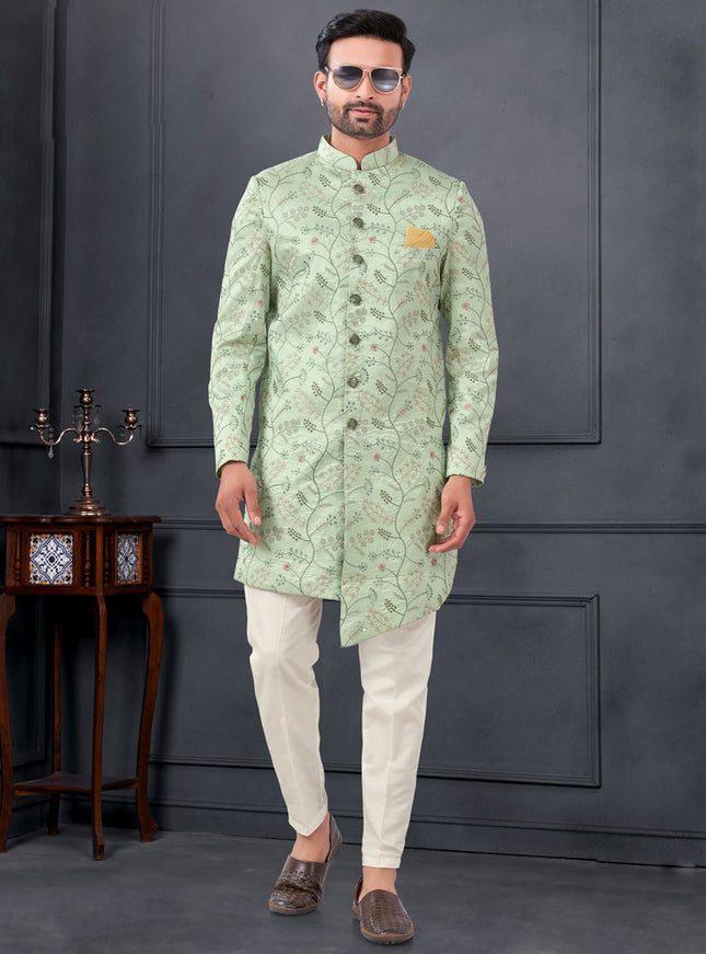 Pastel Green Pure Silk Embroidered Mens IndoWestern