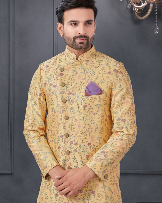 Golden Apricot Pure Silk Embroidered Mens IndoWestern