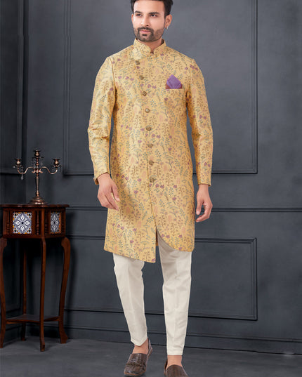 Golden Apricot Pure Silk Embroidered Mens IndoWestern