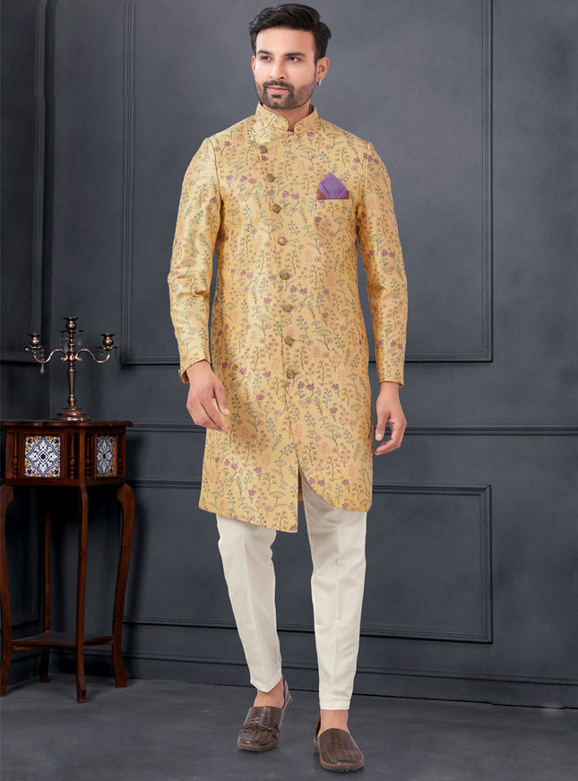 Golden Apricot Pure Silk Embroidered Mens IndoWestern