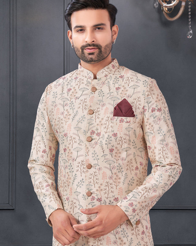 Blush Peach Pure Silk Embroidered Mens IndoWestern