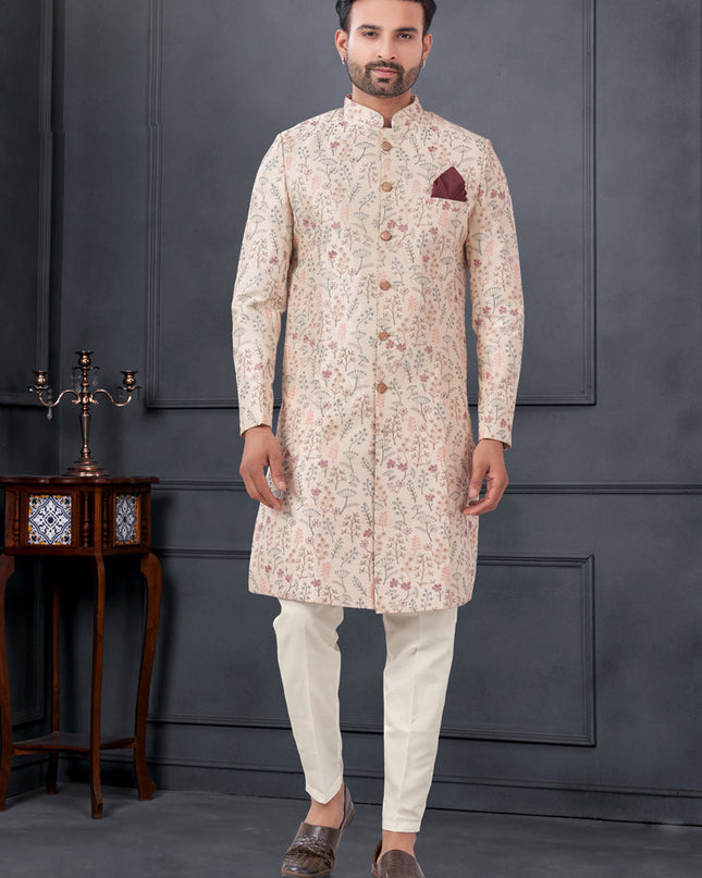 Blush Peach Pure Silk Embroidered Mens IndoWestern