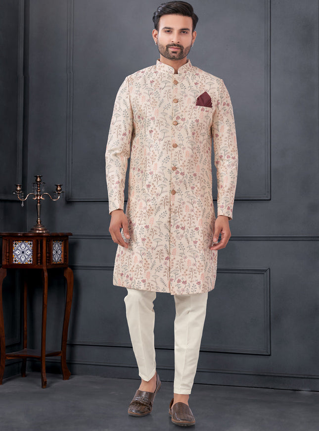Blush Peach Pure Silk Embroidered Mens IndoWestern