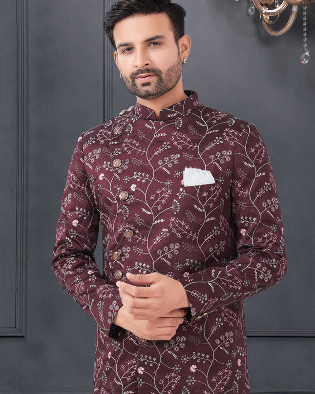 Burgundy Pure Silk Embroidered Mens IndoWestern