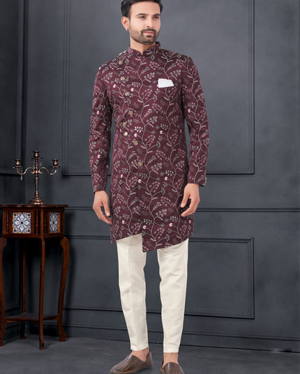 Burgundy Pure Silk Embroidered Mens IndoWestern