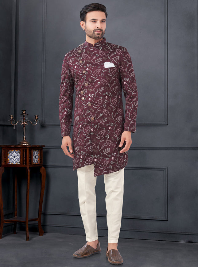 Burgundy Pure Silk Embroidered Mens IndoWestern
