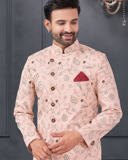 Blush Pink Pure Silk Embroidered Mens IndoWestern