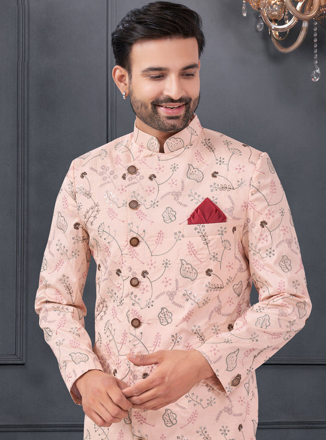 Blush Pink Pure Silk Embroidered Mens IndoWestern