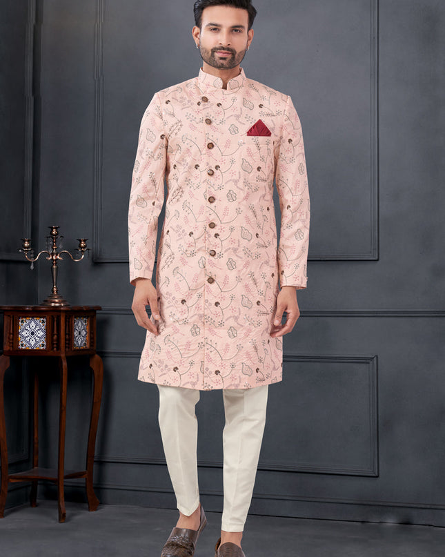 Blush Pink Pure Silk Embroidered Mens IndoWestern