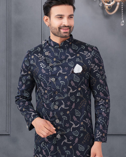 Midnight Blue Pure Silk Embroidered Mens IndoWestern