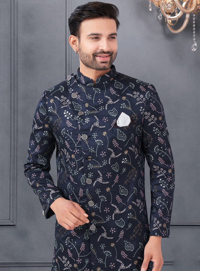 Midnight Blue Pure Silk Embroidered Mens IndoWestern