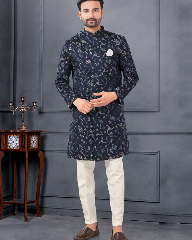 Midnight Blue Pure Silk Embroidered Mens IndoWestern